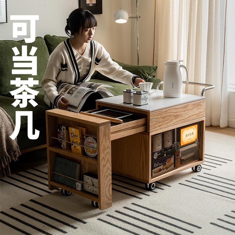 实木小推车置物柜移动多功能茶几日式红橡木茶水柜餐边柜沙发边柜