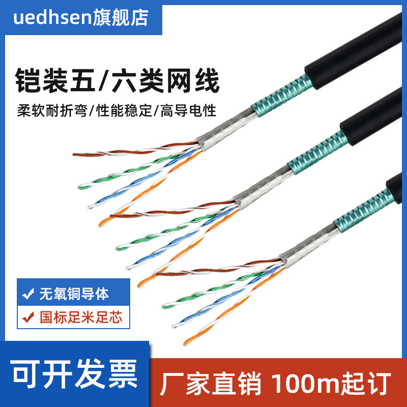 防老鼠咬铠装网线屏蔽超五类室外六类铠甲网络线宽带线户外可地埋