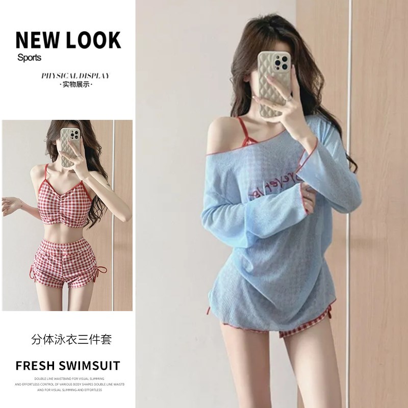 泳衣女分体保守遮肉显瘦三件套韩版ins风J洋气大码胖MM度假游泳装