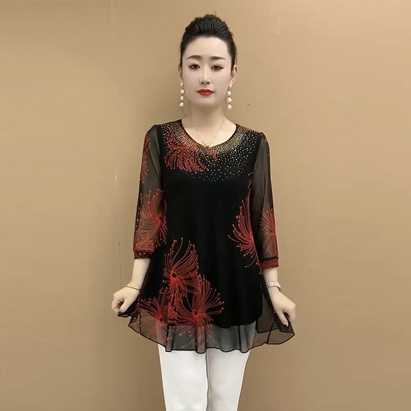 妈妈装夏装大码宽松小衫高弹网纱印花200斤50岁S气质显瘦中长款T
