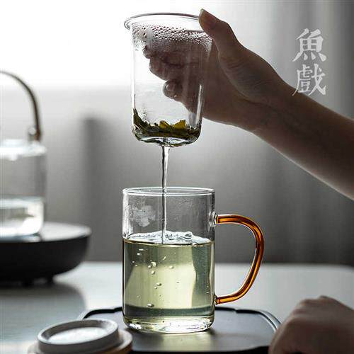 现货玻璃茶杯男办公室茶水分离泡茶杯带盖子带把喝茶玻璃杯加厚耐