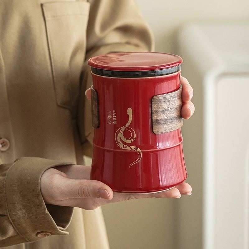 2025年蛇年新年红竹音杯水杯茶水分离泡茶杯陶瓷杯过滤定制logo