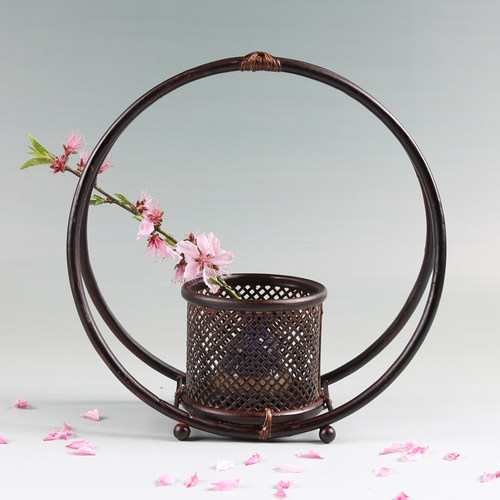 竹编圆形花器 插花 花道 茶道配件B 竹编花器 藤编花器 花入 漆器