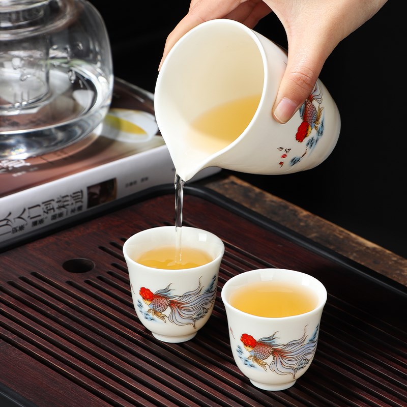 羊脂玉瓷自在游鱼功夫茶具家用中式盖碗茶具套装商务LOGO定制礼品
