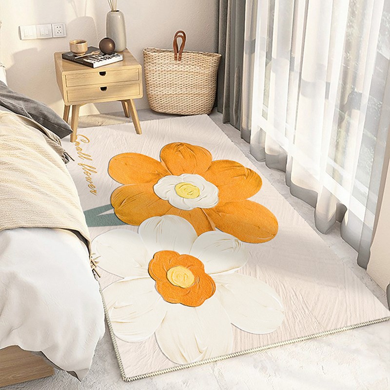 少女房间毛绒花卉地毯卧室床边毯奶油风客厅短绒家用脚垫长条主卧