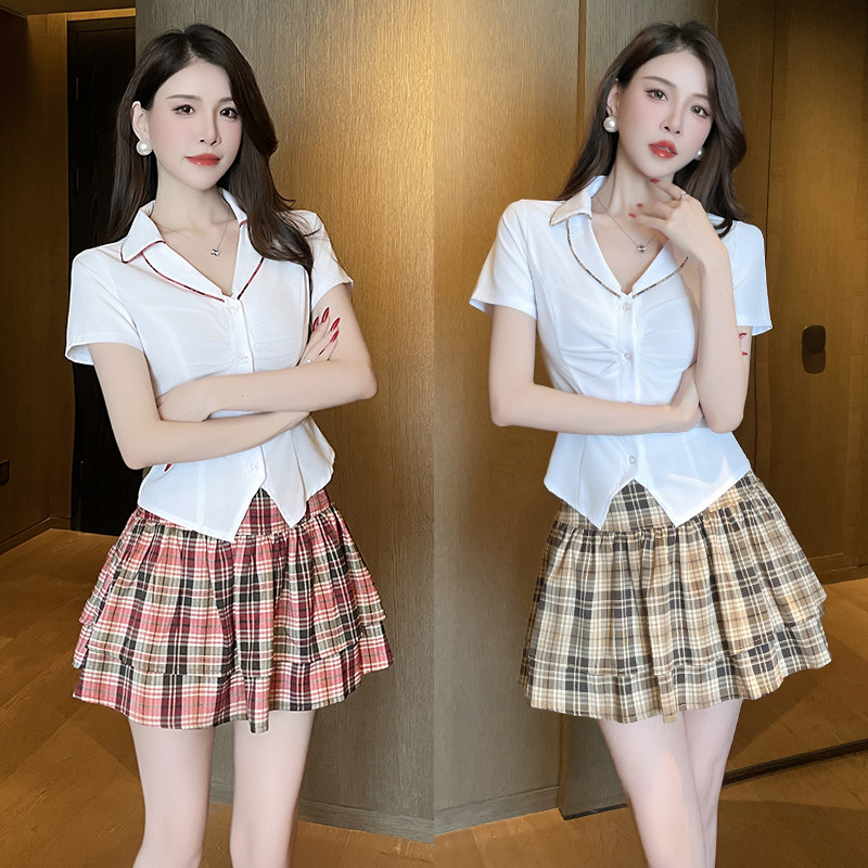夏季甜美格纹百褶JK制服两件套图片