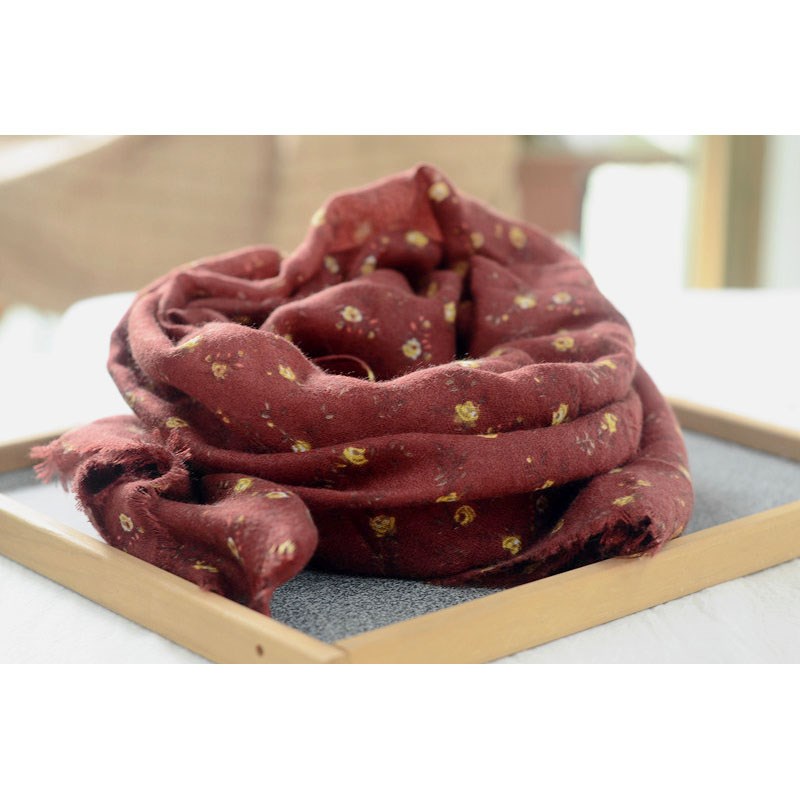 细软复古酒红碎花防晒保暖围巾女 秋冬优雅气质薄款百搭披肩纱巾