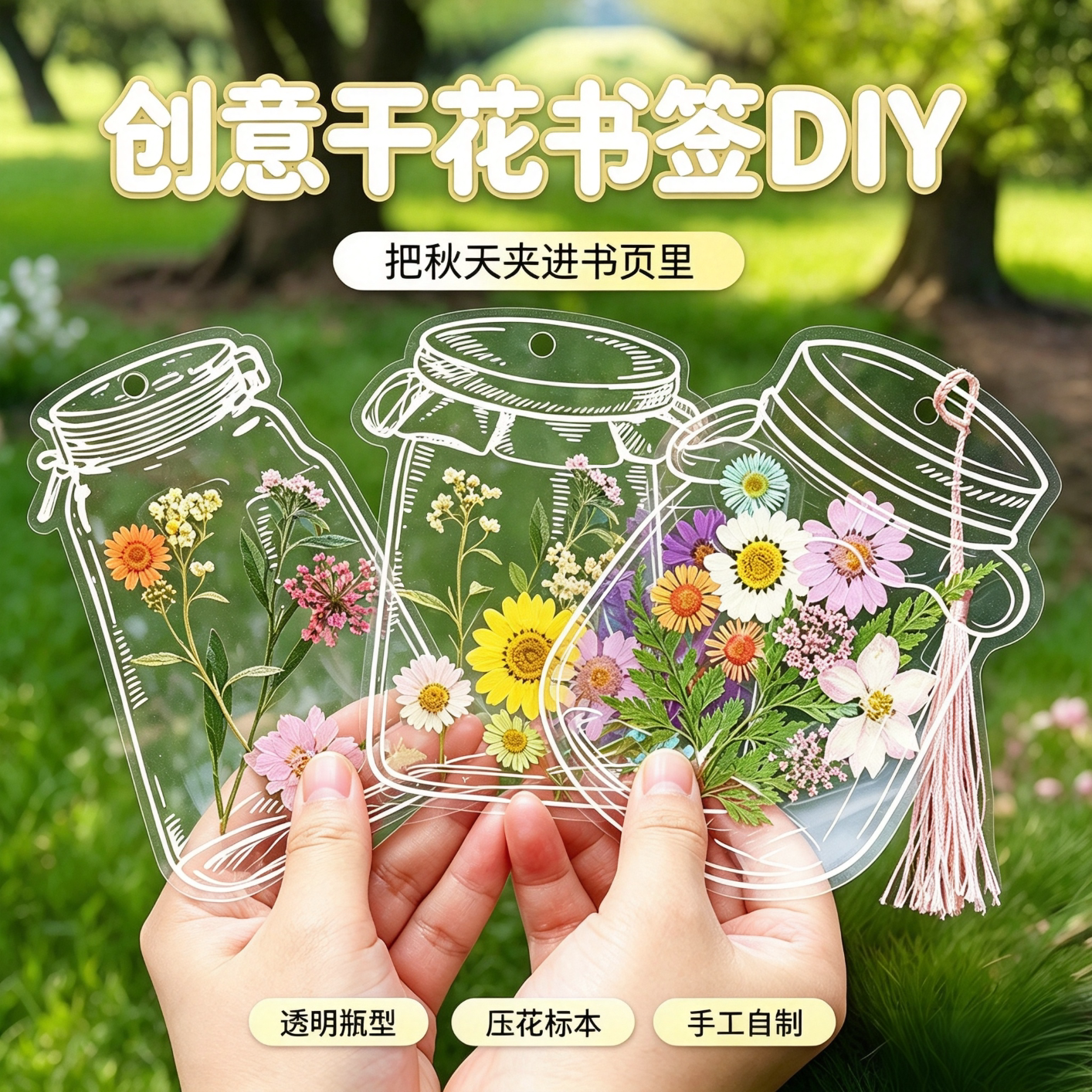 干花书签手工diy透明创意收集瓶子里的春天干树叶标本学生书签3yz