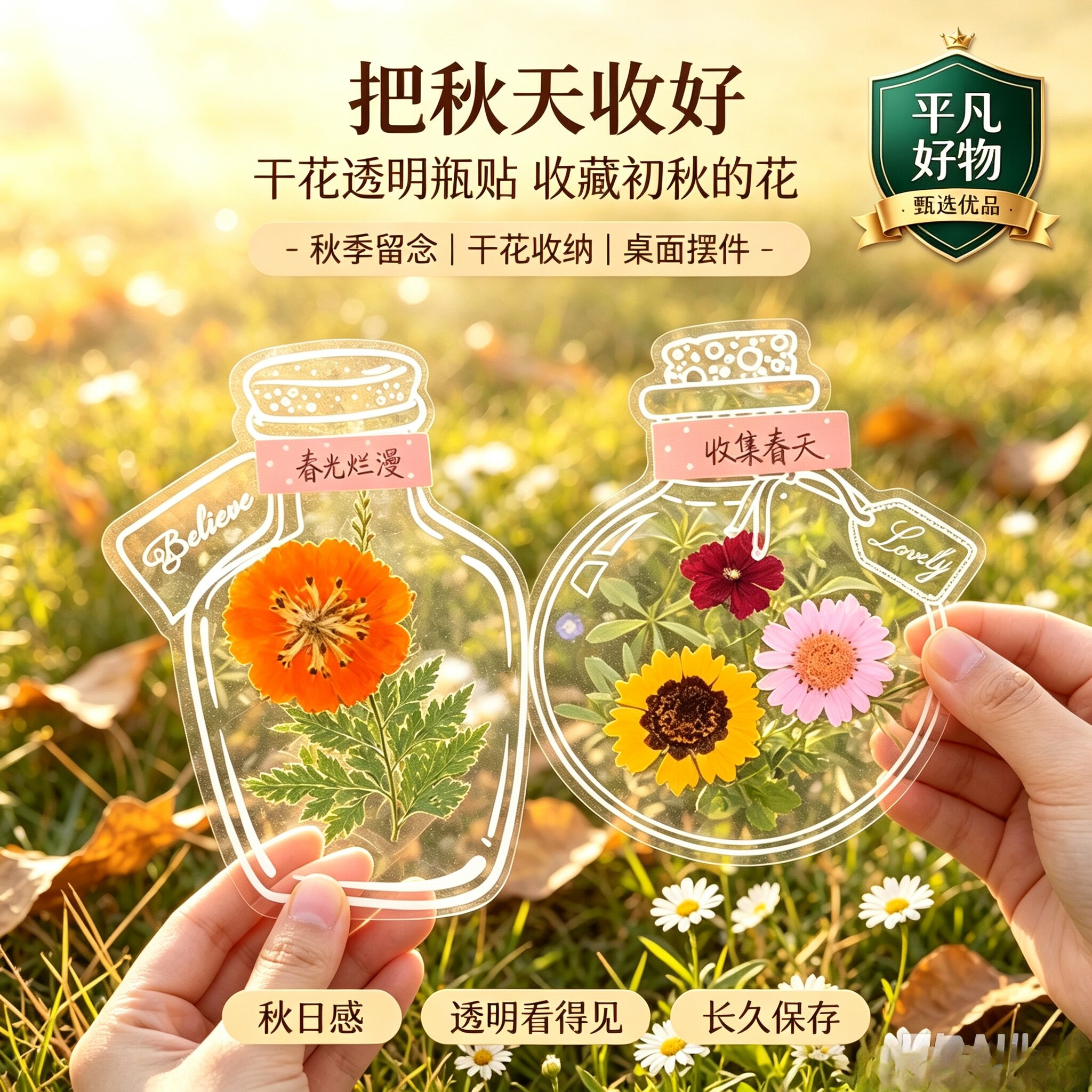 瓶子里的秋天手工DIY透明贴纸干花书签收集秋天树叶花瓣标本JL