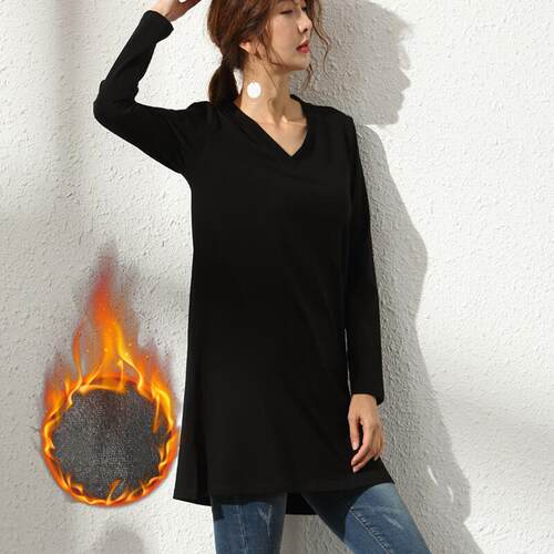 绒恤白领中长款长袖宽松开56b2OJk2叉大加码色体恤内女搭打底衫洋