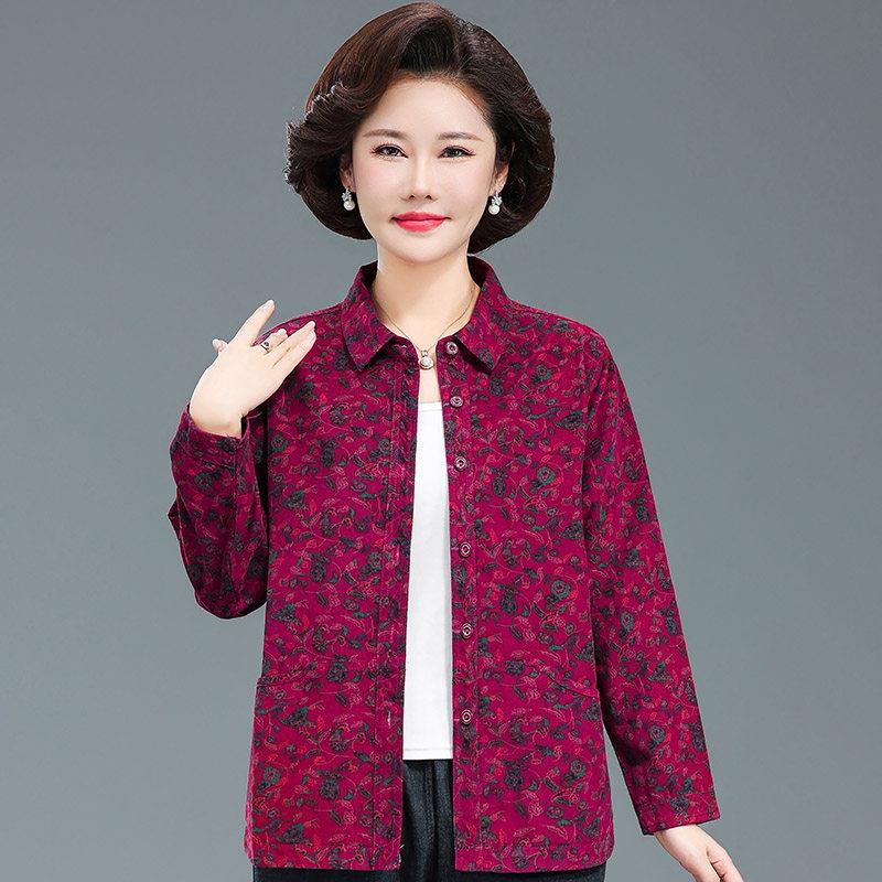 妈妈秋纯棉衣衫女长袖BFR老年人衬灯芯绒碎花衬春老太太衣服奶奶