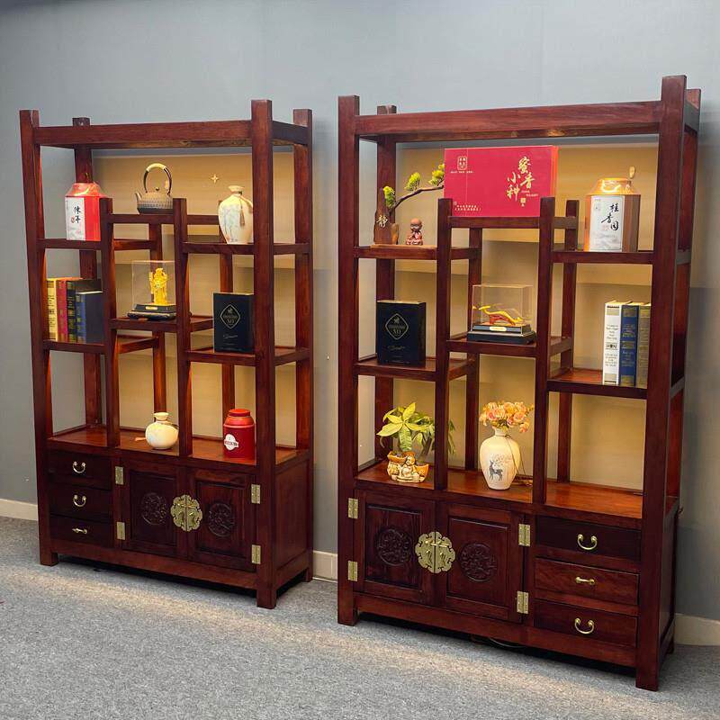 老船博古架实柜木带射灯展示茶叶架办公木mLFbRGsE室多功能落柜地