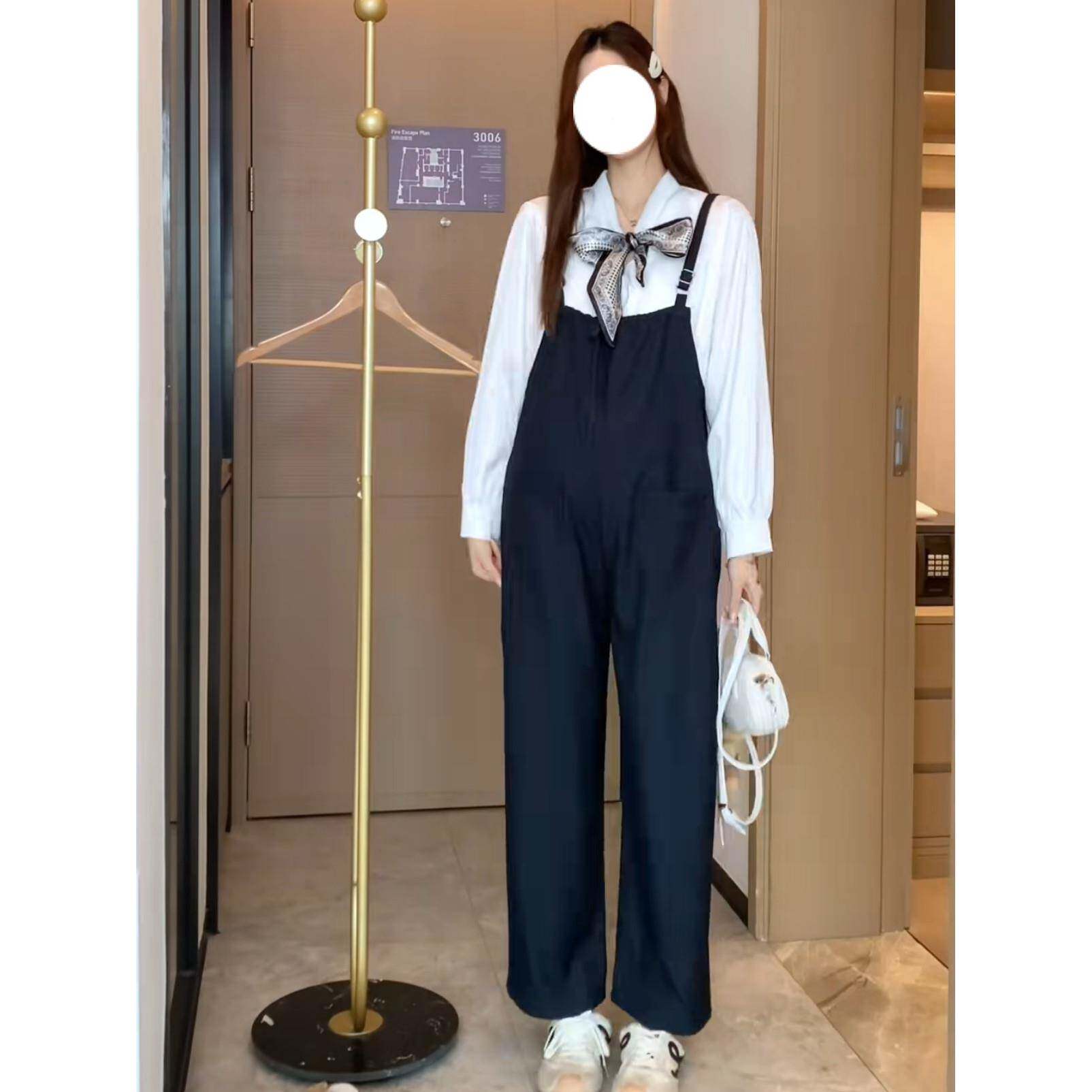 韩系BVM蝴蝶结丝带衫衬阔腿大码背裤孕妇版春季两件套年带韩女