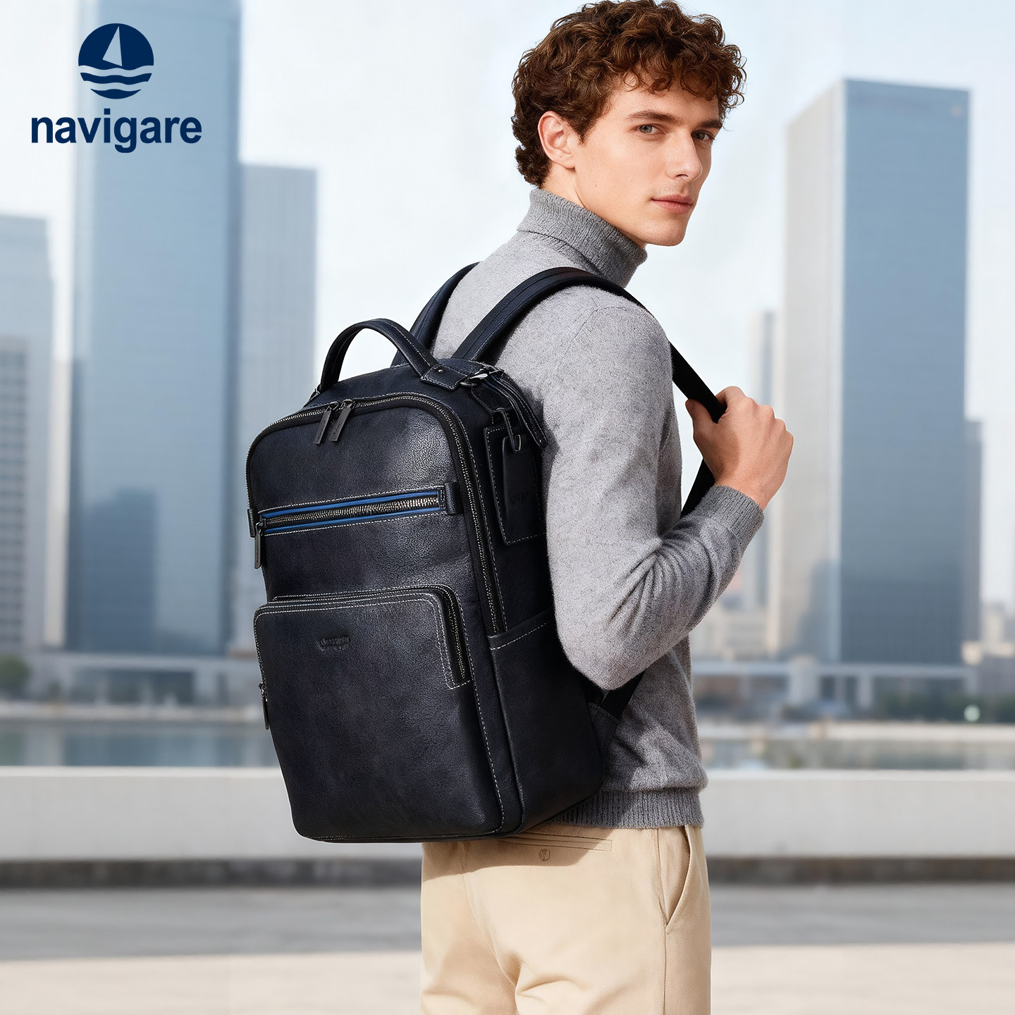 Navigare纳维凯尔意大利小帆船真皮双肩包男商务电脑书包通勤背包