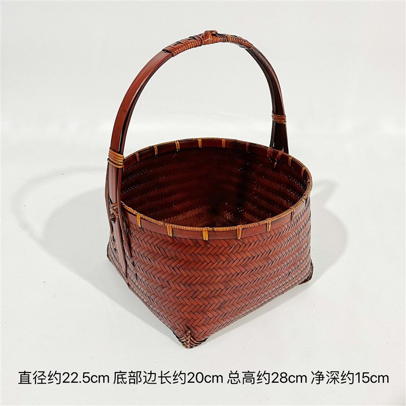 中式竹编圆口小提篮 茶具收纳篮 野餐竹筐 无盖做旧箩筐 茶室收纳