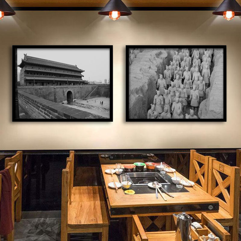 老西安景点照片餐厅酒店装饰画黑白西建O筑有框画怀旧面馆挂画