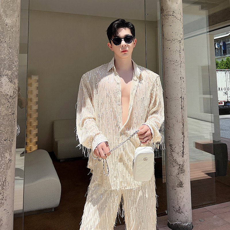 很仙的亮片d流苏衬衫男炸街小众毛边设计高级感痞帅衬衫演出舞台