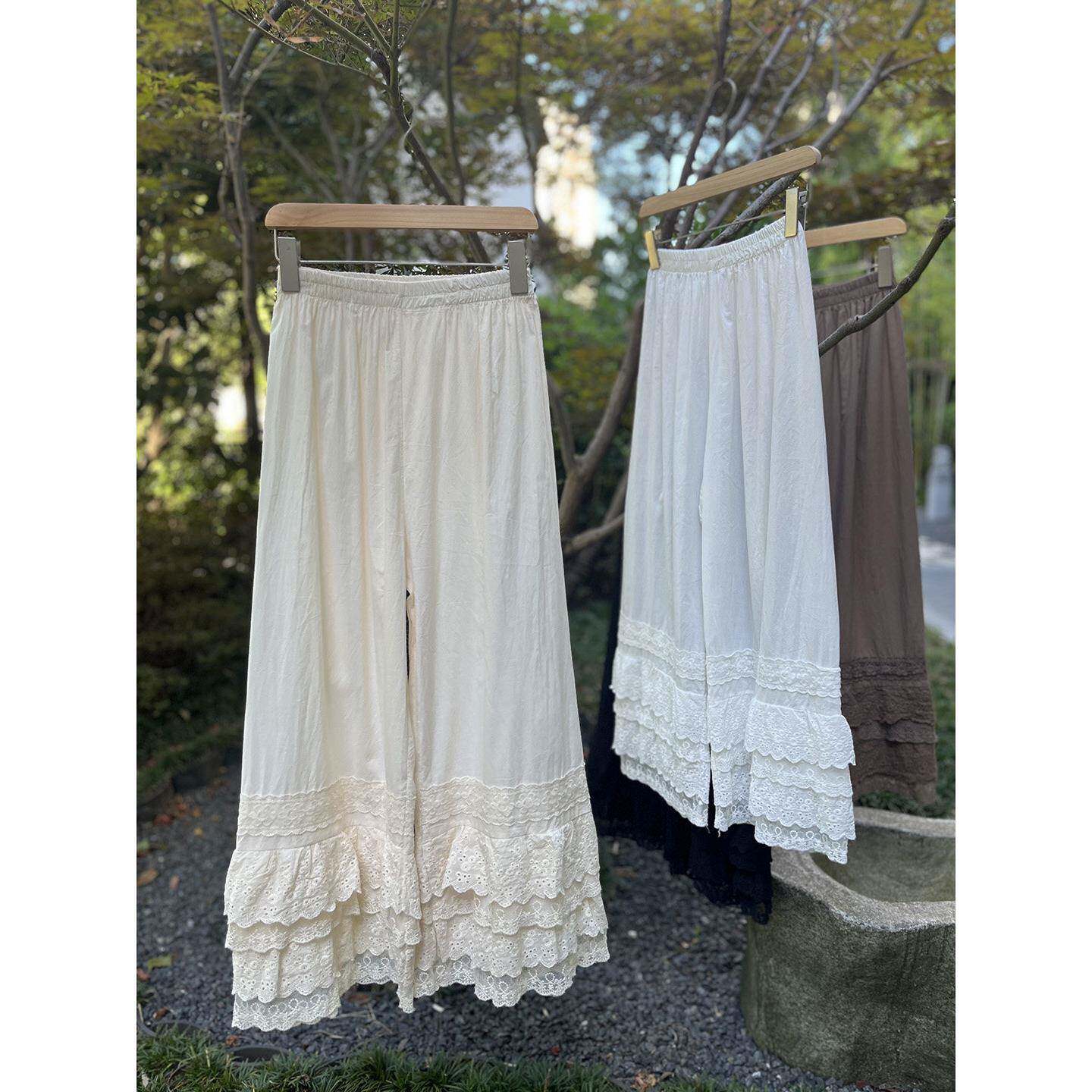 秋WOP森少女四层蕾丝花小阔腿打底裤宽松甜系美清新薄棉布叠边穿