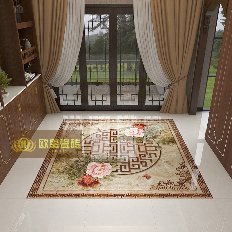 中式入户拼花瓷砖800x800定做图案地板砖客厅R玄关进门餐厅抛晶砖