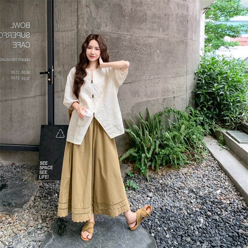 蕾丝提花衬衫阔腿裤套装女夏20z26新款超火大方得体绝美两件套韩