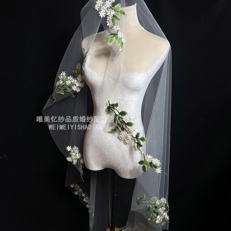 新款白色树叶绣花小花头纱新娘结婚拍照头纱结婚造X型纱摄影客片