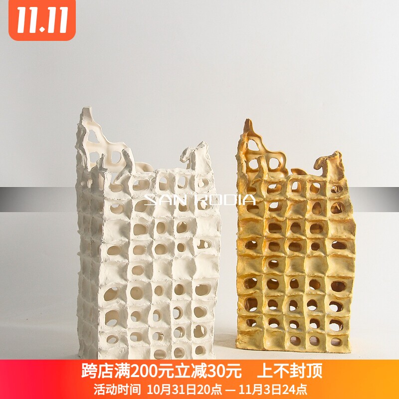 现代简约几何艺术网m格镂空陶瓷花瓶样板房客厅插花器软装饰品摆
