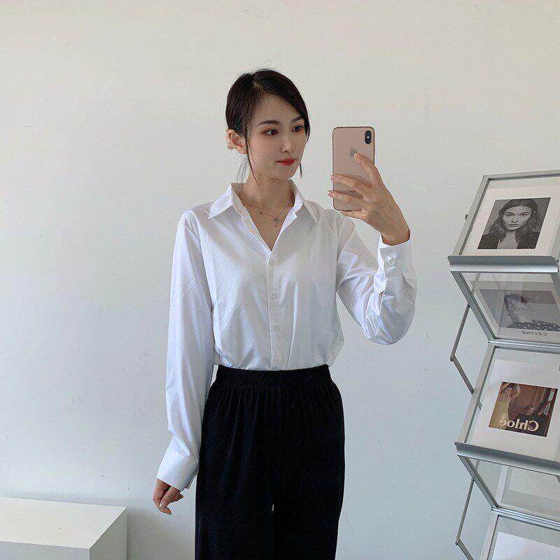 白色衬衫袖女春设宽松计JagRBZUx感气质学生面早试衬衣长不透职业