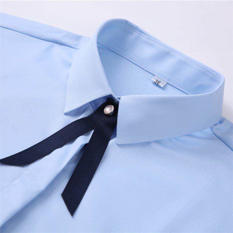 女JFzrF6xR士方领长袖色服白色职业衬衫工作蓝竹纤色维衬衣女白正