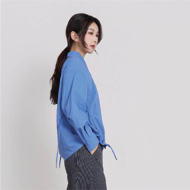 CCY63修/棉色质女蓝抽绳身衬衫士百搭衬衫