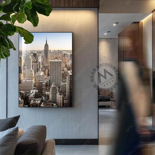 入户玄关b装饰画纽约竖版现代过道走廊画城市建筑摄影落地画大尺
