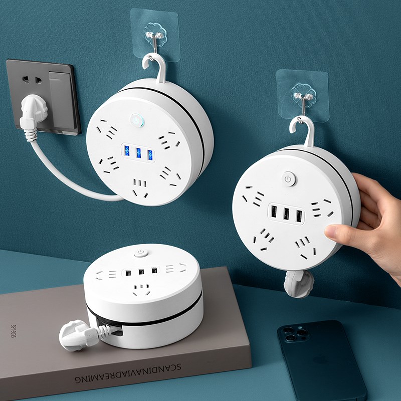 可伸缩收纳隐藏线插座带线插排多功能带USB插线板多孔插盘接线板