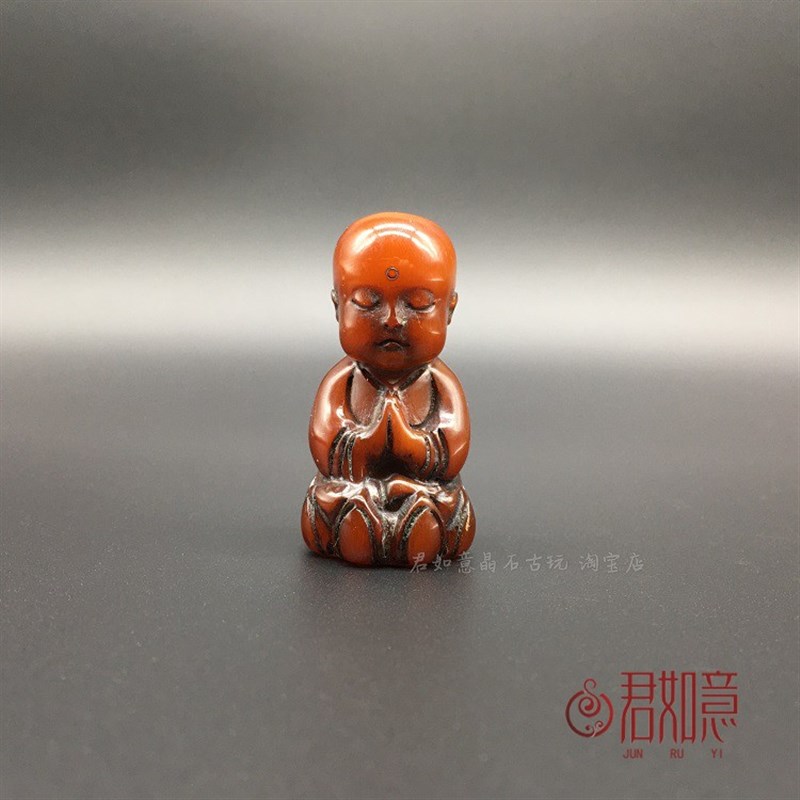 牦牛角莲花童子小和尚挂件牛角手把件小摆件古玩文玩角雕仿古佛像