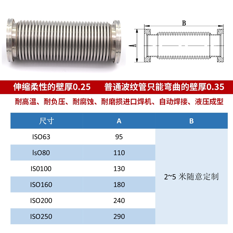 ISO63/80/100/160真空波纹管不锈钢快装高真空柔性软管成型波纹管