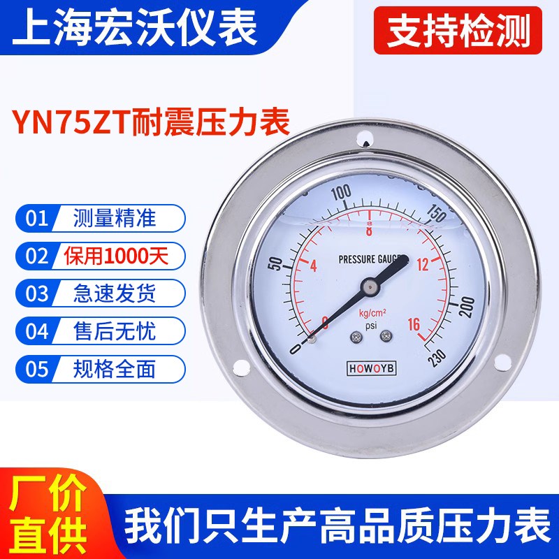 YN75ZT耐震轴向带边压力表 国际通用Kg/Psi英制3/8 编码:D04-008