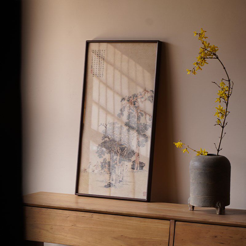 是名一鹿 松竹高士茶挂画胡桃木榫卯茶室空间玄关装饰画竖幅