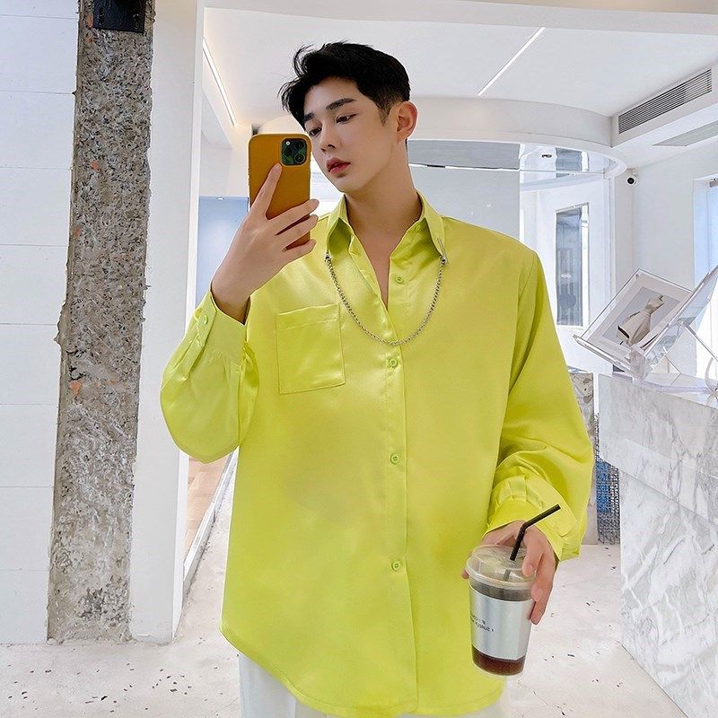 高级感丝滑衬衫男长袖春夏季个性链条装饰宽松韩版U时尚纯色薄衬