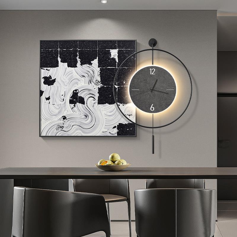现代简约餐厅装饰挂画带钟表抽象极简饭厅背景墙壁画高级感客厅画