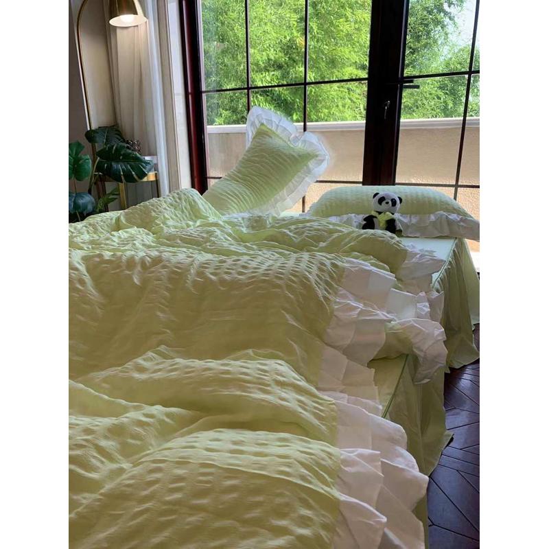小清新奶绿色泡泡褶皱感被套四件套公主风床裙床单宿舍床上三件套
