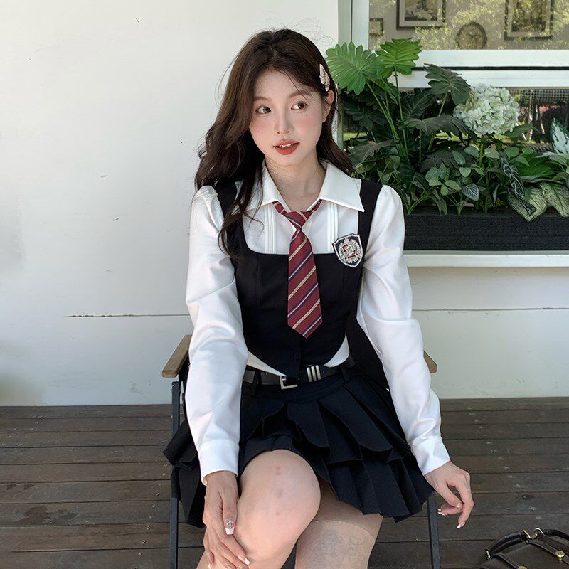 惠子小姐jk制服套装学q院风半裙假两件衬衫两件套长袖女东京岁时