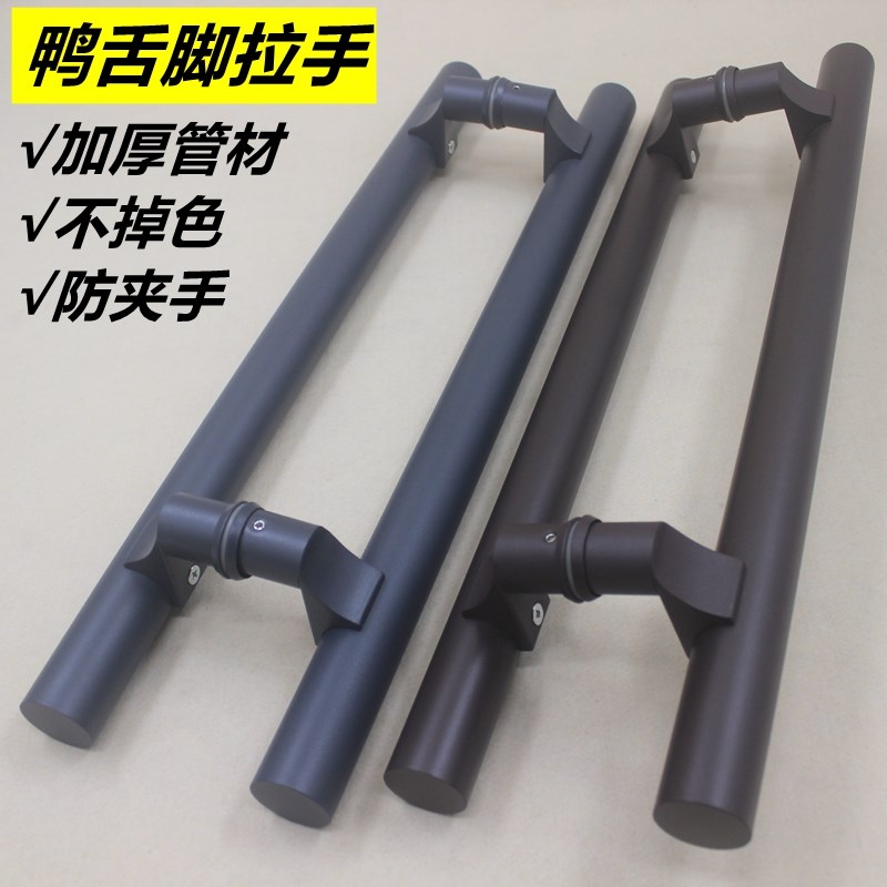 鸭嘴脚拉b手圆管铝合金有框门咖啡色地弹簧木门斜脚偏位门把手加