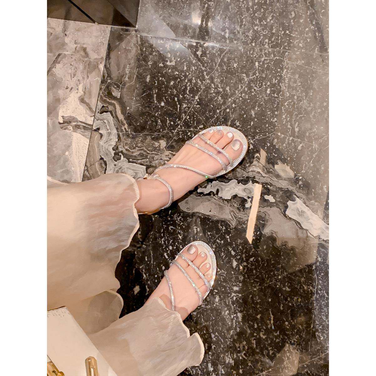平底AMH莱茵扣石鞋,女性露趾夏季平跟仙风格女罗马大凉号女鞋-