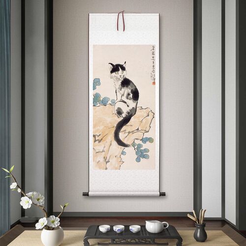 徐悲鸿《猫图》客厅书房茶室竖版装饰挂画玄关水V墨高清卷轴字画