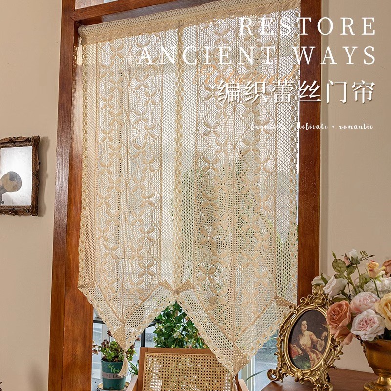 美式高级感门帘厨房窗户遮挡半帘阳台半截窗帘棉线编织Y流苏隔断