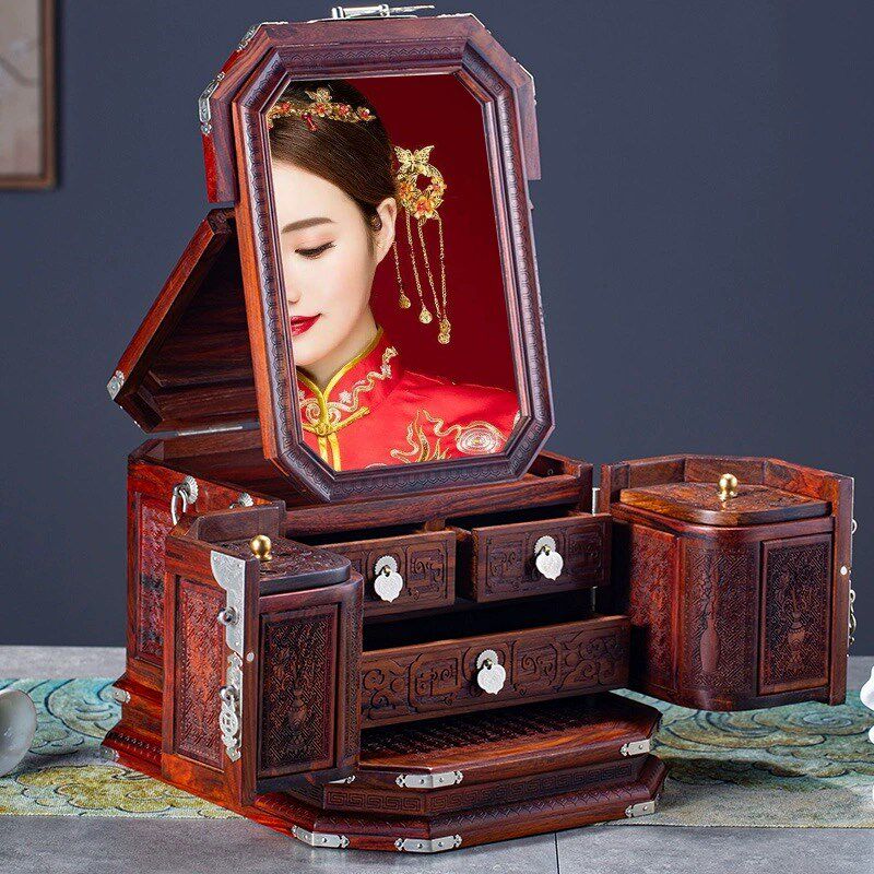 红酸枝大首饰盒古典红木箱中式实木镜箱婚庆珠宝首饰X收纳丹凤朝