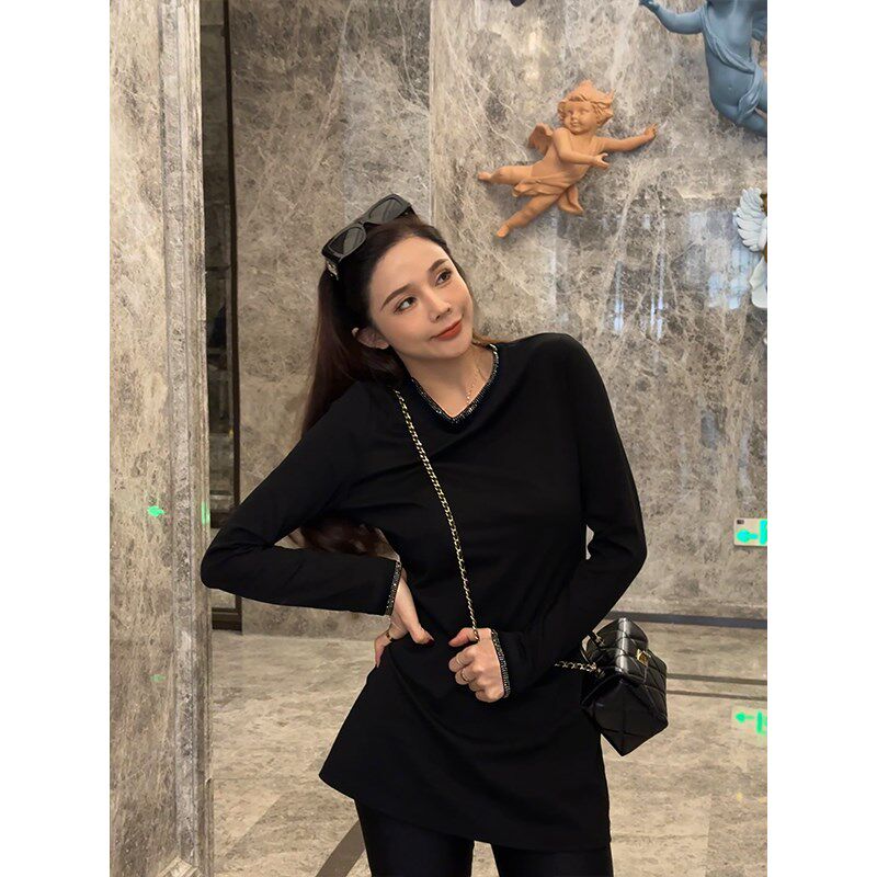 【时髦主c义】长袖设计感假两件打底衫女夏季内搭镶钻微收腰T恤裙
