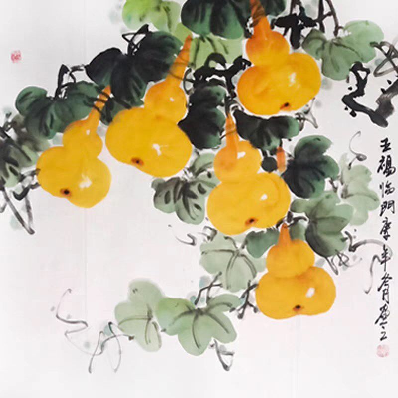 五福临门国画纯手绘中式玄关过道装饰挂画客厅饭T厅竖版福禄画葫