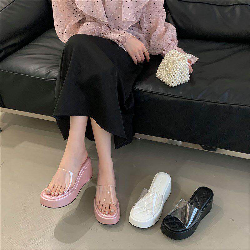 小个2xLym25B子增高高鞋跟一字拖女夏坡透明松糕底厚底度假超沙跟