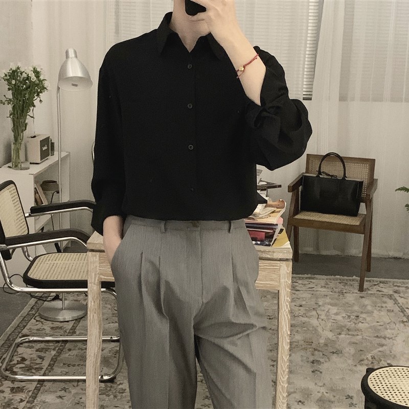 阿茶与阿a古黑色垂感衬衫男韩版长袖潮流夏季薄款丝滑宽松情侣衬