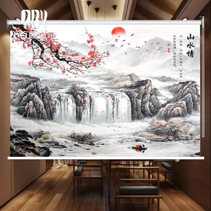 定制卷帘办d公室客厅卧室防油厨房窗帘手拉式风景挂画遮光布卷轴