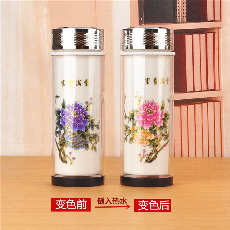 变色陶瓷保温杯 泥之乐变色杯直身双层茶杯 带盖陶瓷R内胆杯办公